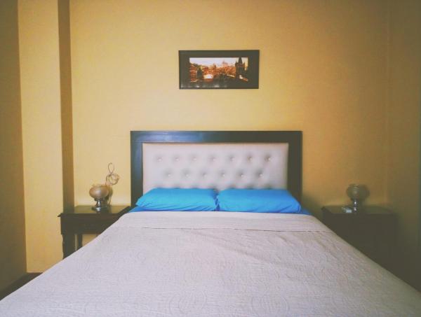 1 dormitorio con 1 cama grande con almohadas azules en Amplio departamento en el corazón de Mendoza en Mendoza
