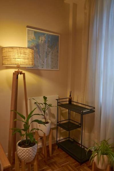 una habitación con plantas, una lámpara y una mesa en Departamento Downtown en Buenos Aires