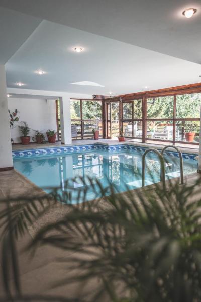 una piscina en una casa con una palmera en Patagonia Plaza Hotel en San Martín de los Andes