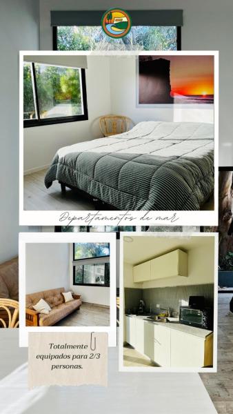 un collage de fotos de un dormitorio con cama en Deptos Alta Loma Chapa en Chapadmalal