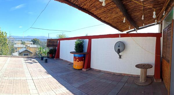 un patio con una planta en una olla junto a una pared en HABITACIÓN C AMPLIA COMPARTIDA en Mendoza