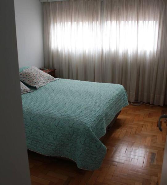 1 dormitorio con 1 cama con manta verde y ventana en Departamento Peatonal Sarmiento en Mendoza