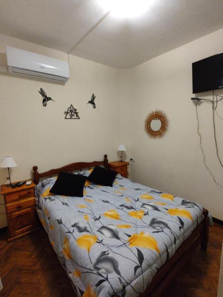 1 dormitorio con 1 cama con pájaros en la pared en Departamento Salvador - pleno centro-salta capital en Salta