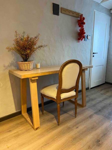 un escritorio de madera con una silla y una planta en el ranchito en San Martín de los Andes