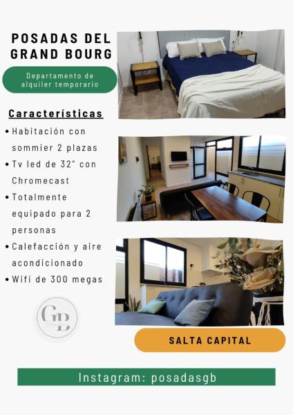 Un folleto para un hotel con una cama y una habitación en Apartamento Posadas del Grand Bourg en Salta