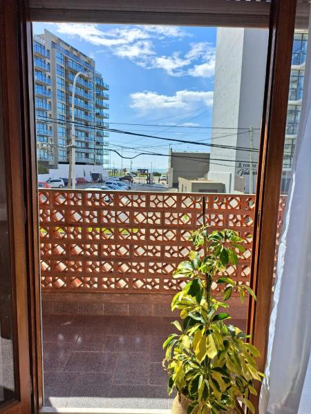 una ventana con vistas a un balcón con una planta en Depa en Constitución en Mar del Plata