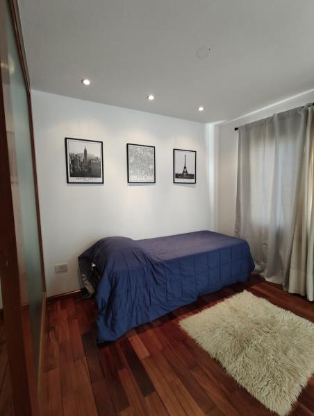 1 dormitorio con cama azul y alfombra en HERMOSO DEPARTAMENTO CENTRICO en Salta