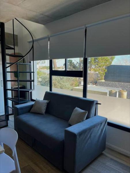Sofá azul en la sala de estar con ventanas en Monoambiente vista lateral en Pinamar en Pinamar