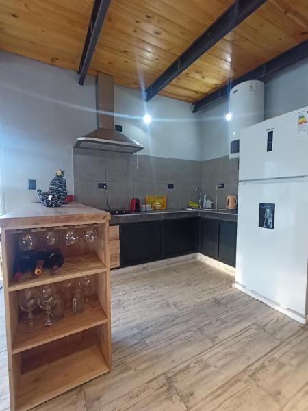 cocina con refrigerador blanca y techos de madera en Crucecita Eco Lodge en Mendoza