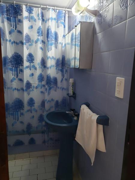 baño con lavabo y cortina de ducha en Departamento frente al mar en Mar del Plata