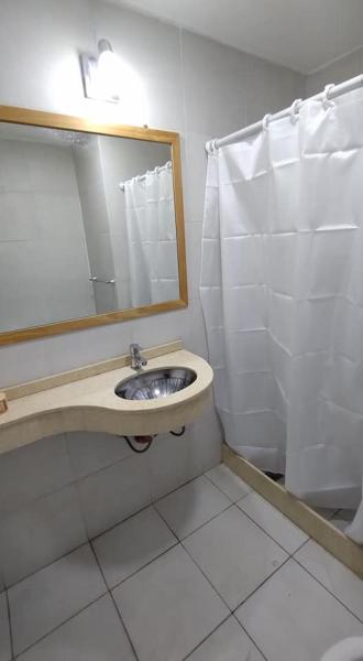 y baño con lavabo, espejo y ducha. en Marcos Paz 100 en San Miguel de Tucumán