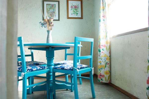 una mesa azul con dos sillas y un jarrón en ella en Andes Home 4 en Mendoza