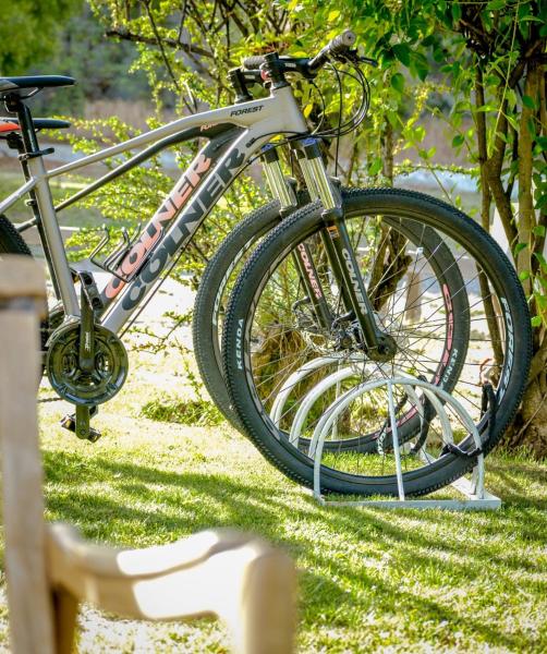 una bicicleta estacionada en el césped en un patio en Pintó Casa Hostel en Esquel