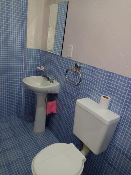 Baño de azulejos azules con aseo y lavamanos en Hospedaje de Lili en Salta