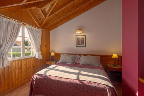 1 dormitorio con 1 cama y 2 ventanas en Sol y Nieve en San Martín de los Andes