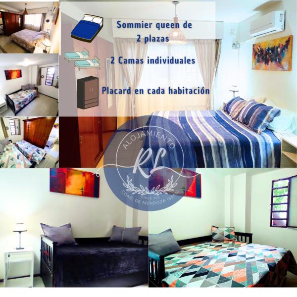 un collage de fotos de un dormitorio con cama y una habitación con en Departamento en Mendoza capital, pleno centro - Edificio Solar I en Mendoza
