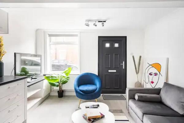 Bright living room with a black front door, blue armchair, gray sofa, white coffee table, and a potted plant by the window