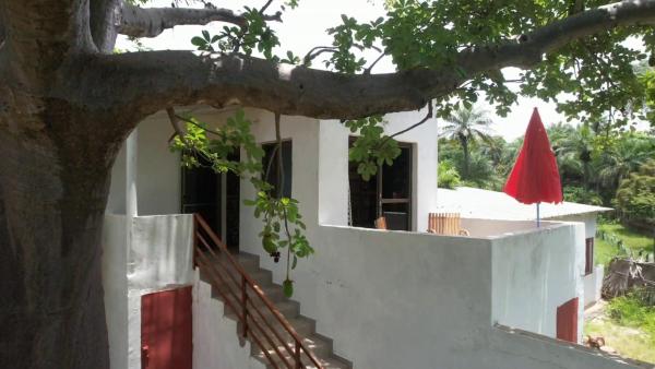 white two-story building with outdoor staircase and red umbrella on terrace surrounded by greenery