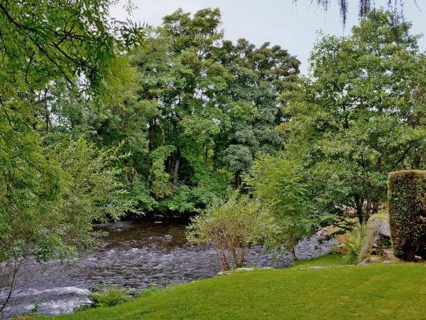 river flowing past green trees and bushes with a grassy lawn in the foreground