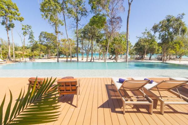 Poolside deck with lounge chairs facing a swimming pool and trees with a beach and ocean beyond