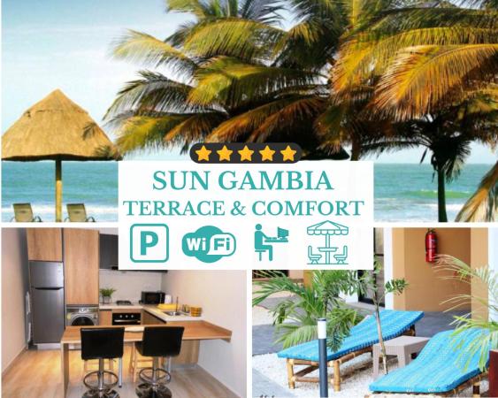 Collage with beach view, palm trees, kitchen with bar stools, and outdoor lounge chairs with plants