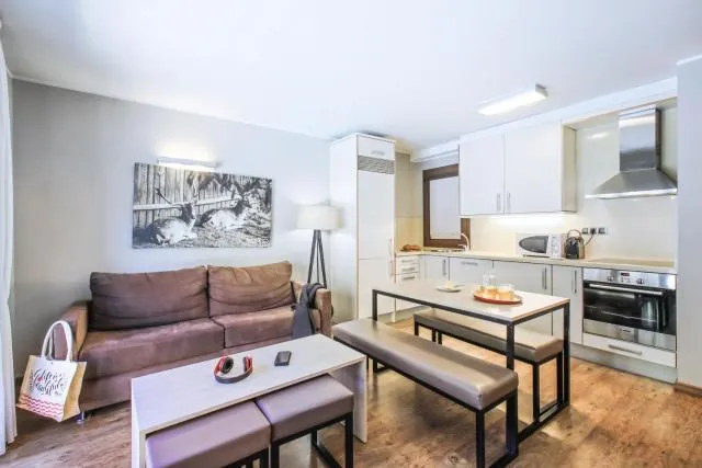  Pierre & Vacances Andorra Bordes d’Envalira - picture  : Kitchen/kitchenette,Seating area,Dining area,Living room,Food and drinks,Dining area,pet friendly,Property 