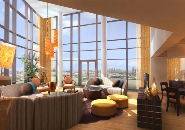  Burjuman Arjaan by Rotana - Dubai - picture  : Patio,Nearby landmark,Seating area,View,Balcony/Terrace,Living room,Photo of the whole room,Dining area,City view,Property,Room 