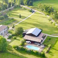 an overhead view of a building with a pool in the yard at Moulin de Laboirie, Bazas