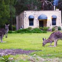 two kangaroos grazing in a field in front of a building at Marwood Villas, Halls Gap
