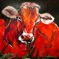 a painting of a cow standing in the grass at Hotel Lucia - 3 Sterne Superior, Damuls