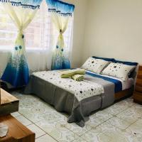 a bedroom with a bed and a window with blue curtains at Mapusaga Riverside Apartments #5 sleeps 6, Vaitele