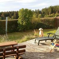 a dog standing on a patio with two lawn chairs at Ferienwohnung Steinwald Ausläufer mit Blick auf Kösseine, Waldershof