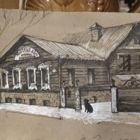 a drawing of a house with a black cat at House Liteyschika Nikulicheva with Banya, Suzdal