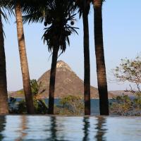 a pool with palm trees and a mountain in the background at Hotel De La Baie, Antsiranana