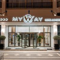 a hotel entrance with a my way sign on it at My Way Hotel & Events, Patra