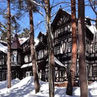 a large black and white house in the snow at Hotel La Neige Honkan, Hakuba