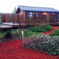 a log cabin in a garden with red flowers at Cozy cottage near Þingvallavatn, Veiðilundur