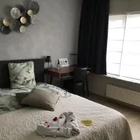Guesthouse De Steenberg tweepersoonskamer met gemeenschappelijke grote badkamer en kitchenette en tuinzicht op de eerste verdieping, hotel em Geel