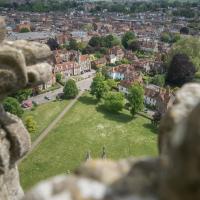 a view of a city from the top of a statue at Sarum College, Salisbury