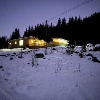 a house in the snow at night with the lights on at FjellBo with Jacuzzi, Begndal