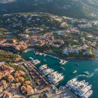 an aerial view of a harbor with boats in the water at Cervo Hotel,Costa Smeralda Resort, Porto Cervo