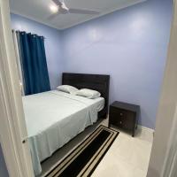 a bedroom with a bed and a blue wall at SINGH'S APARTMENT, Georgetown
