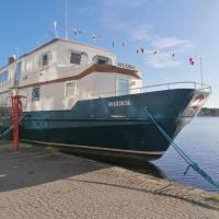 a blue and white boat is docked in the water at Hotellilaiva Wuoksi, Kuopio