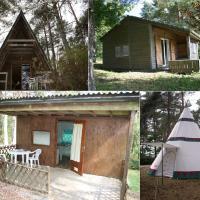 three pictures of a cabin and a tent in the woods at La Ptite Ferme de Caro, Meyrignac-lʼÉglise