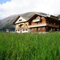 a large wooden house in a field of tall grass at Unterhabererhof, Santa Maddalena