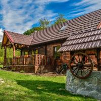 a log cabin with a large wooden wheel in front of it at The Little Mountain Cabin, Borlova