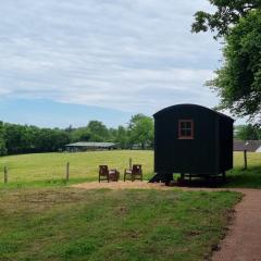 Shepherds hut surrounded by fields and the Jurassic coast
