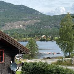 Laftet hytte i strandkanten med bade og fiske muligheter