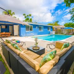 Cozy Blue house blocks from beach with Private Pool, BBQ, Backyard