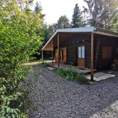 Chalet au bord d'un étang.